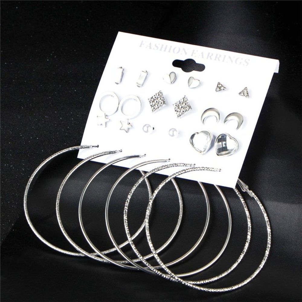 ❤️12 Pair NWT Silver Geometric Crystal Heart Heart Stud Earring Set Mix, F272